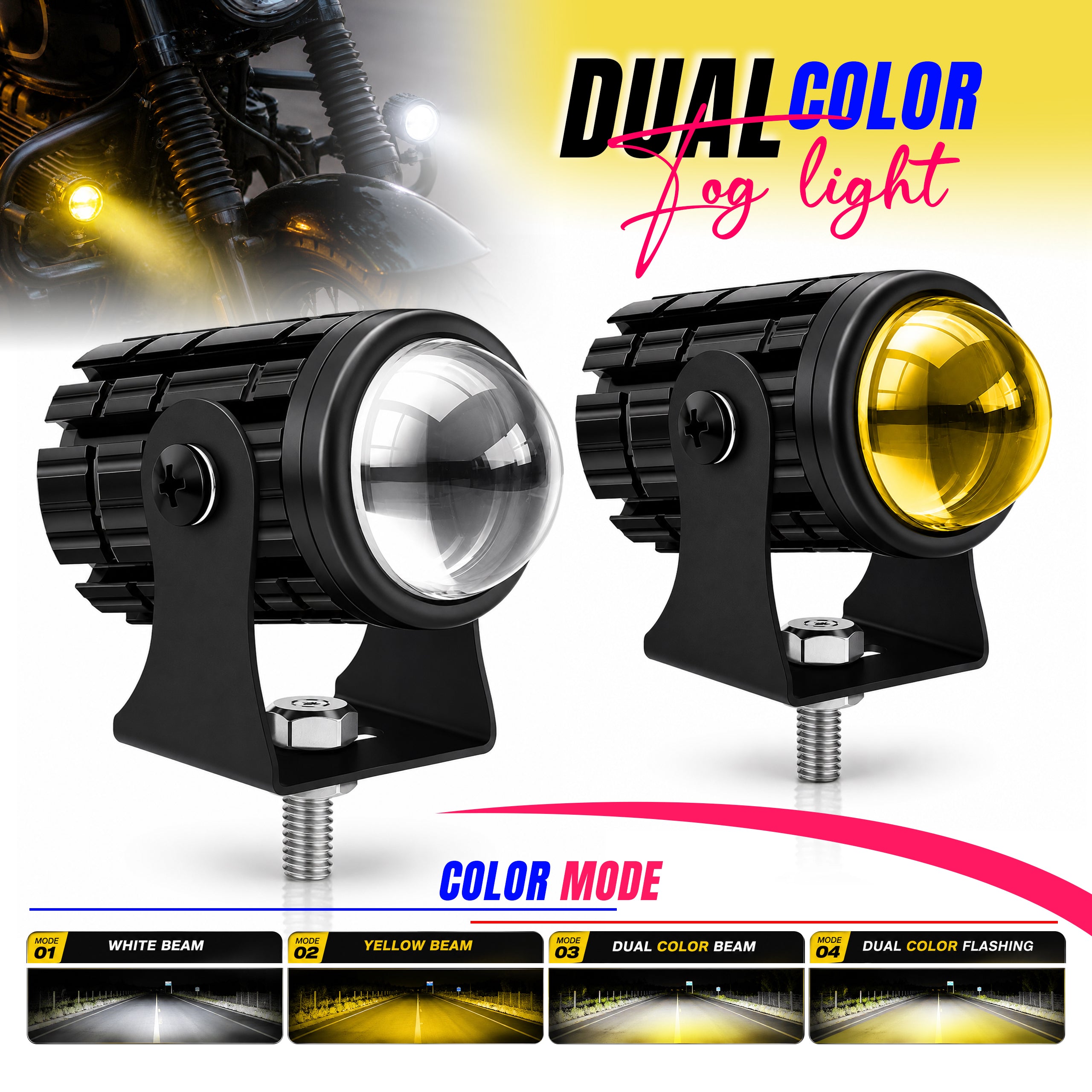 MIKANIX Super Bright Led Fog Light Lamp | White & Yellow | High/Low Beam | 4 Modes of Flashing Spotlight with On-Off Switch Universal for All Bikes