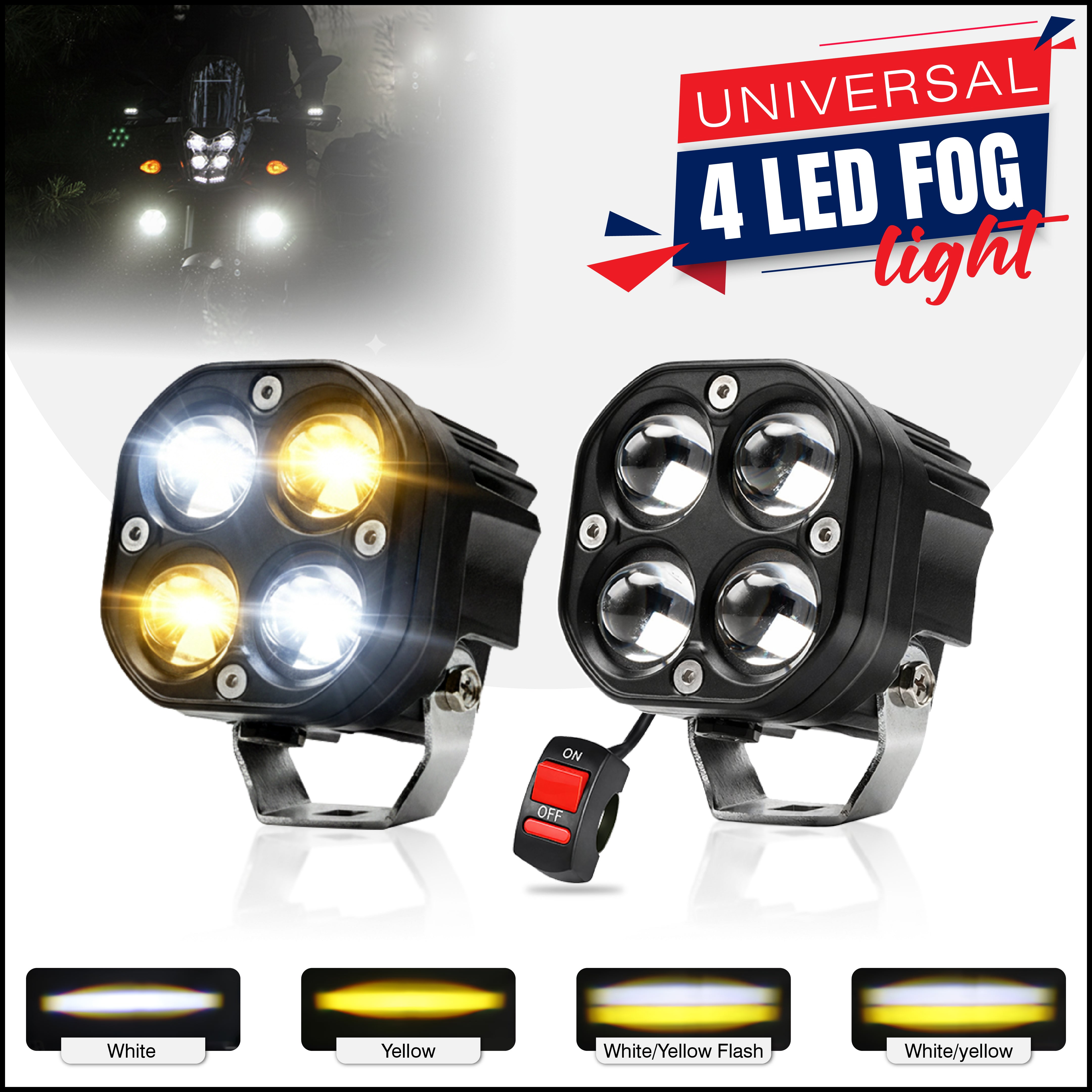 MIKANIX 4X4 LED Fog Light for Bike & Car | Dual Color White Yellow | High/Low Beam Lens Projector | Waterproof Auxiliary Lamp for Motorcycle, SUV, Offroad Vehicles (Pack of 2)