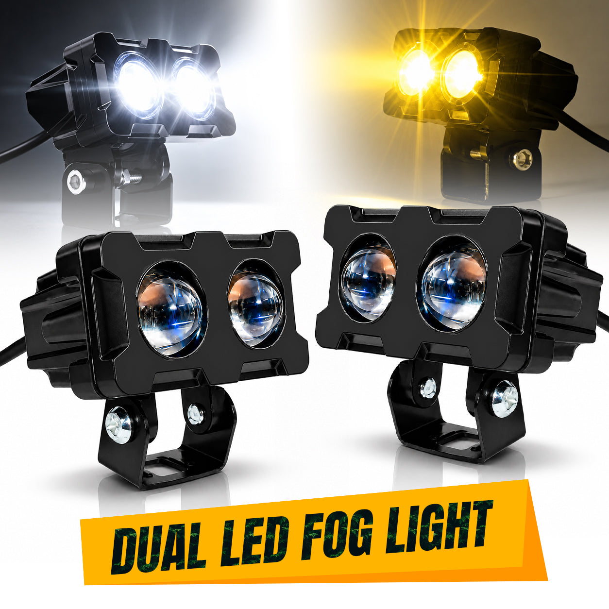 MIKANIX Super Bright LED Fog Light Lens Projector With HD Lens Dual Color White | Yellow With High & Low Beam For All Motorbike, Scooty & ATVs