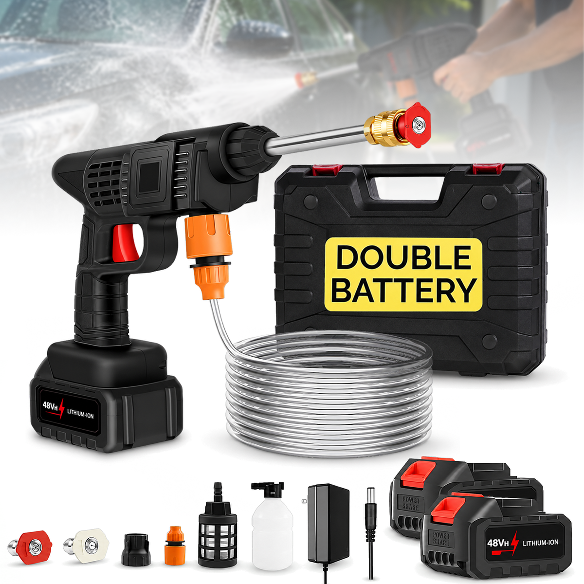 Mikanix 6 Months Warranty Cordless High Pressure Spray Washer Machine Gun for Car & Bike Washing with Adjustable 3 in 1 Nozzle, 5M Hose Pipe, Rechargeable Dual 12000 mAh Battery
