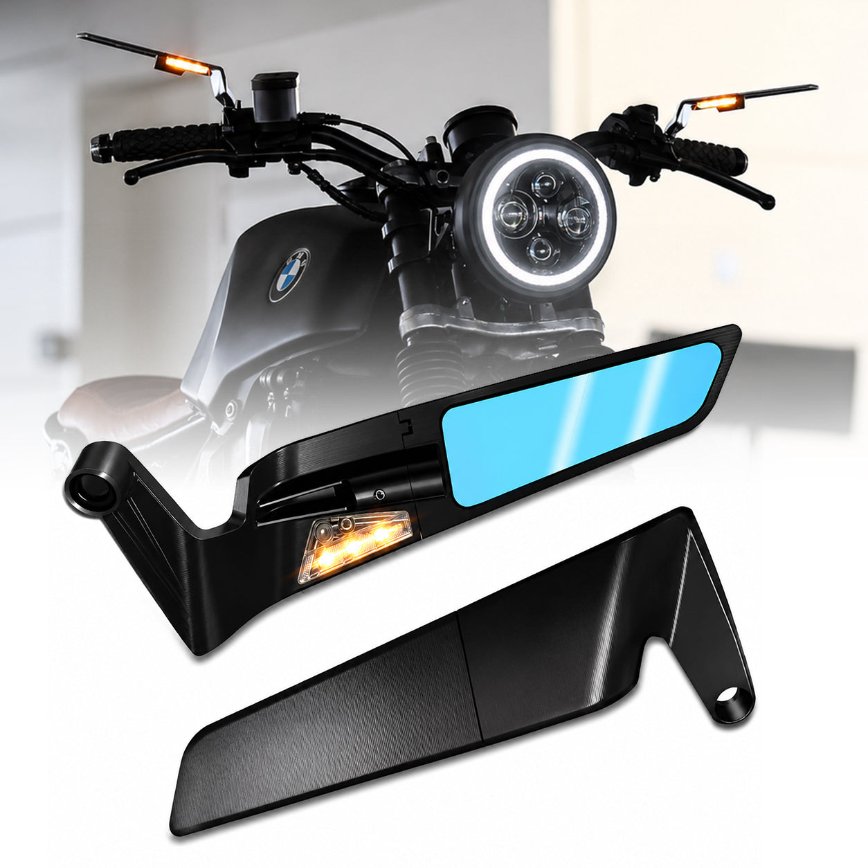 MIKANIX Bike Rear View Side Handle Bar LED York Nut Fitting Mirror | Stealth Convex Glass Mirror For All Motorcycle