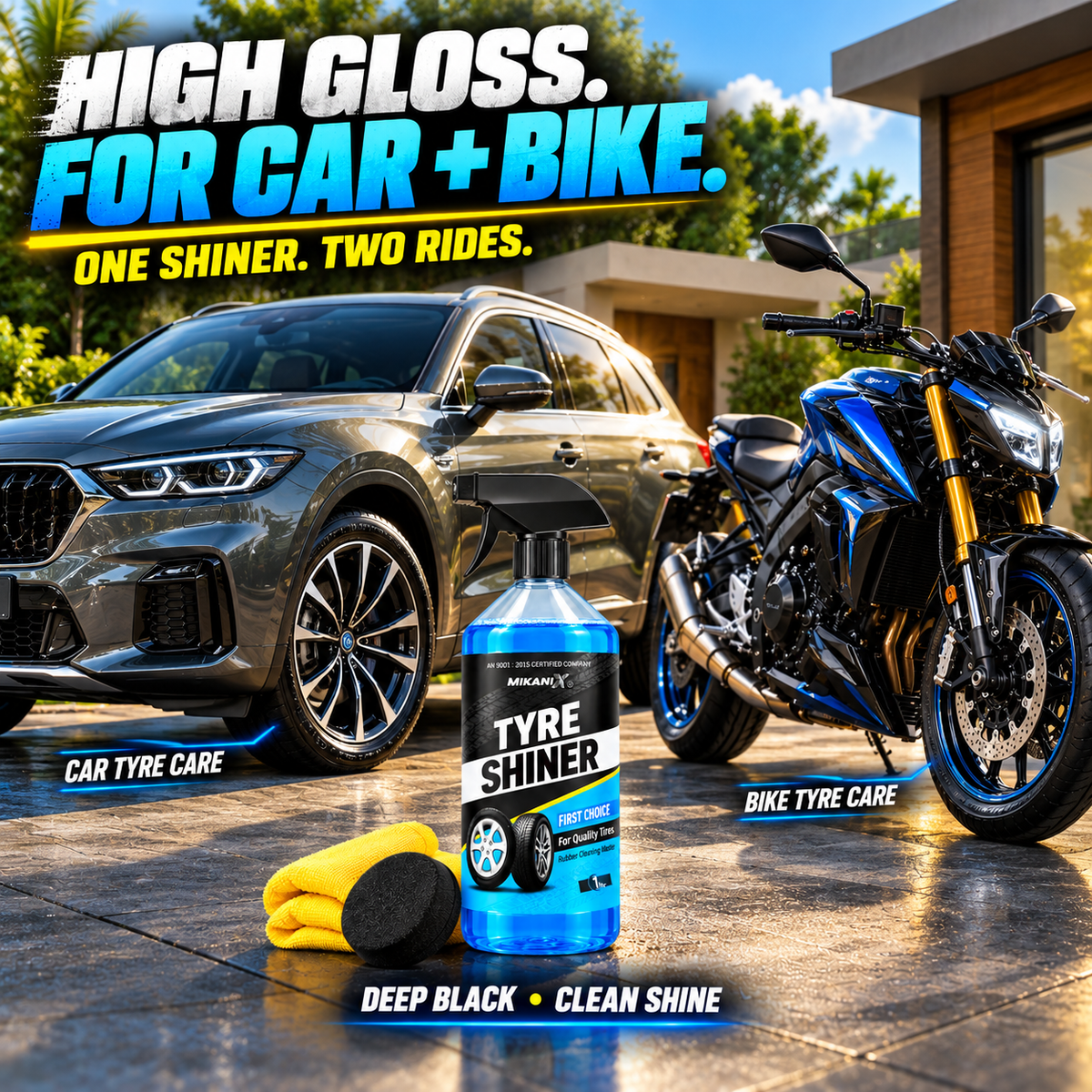 Mikanix Tyre Shiner Spray 1L with Sponge & Microfiber Cloth | High Gloss Tire Polish & Rubber Protectant for Cars, Bikes & SUVs | Long-Lasting Shine & Protection from Fading & Cracks