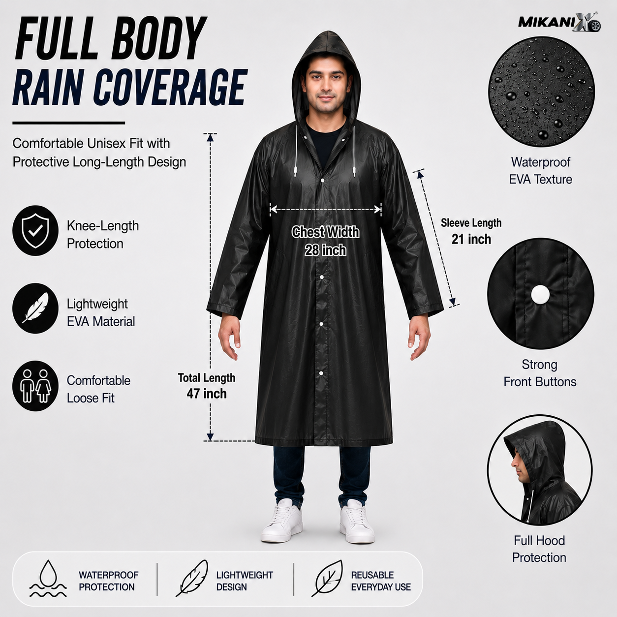 MIKANIX Waterproof Hooded Raincoat for Men & Women | Full Length Reusable PVC Rain Wear | Lightweight Windproof Rain Jacket with Front Button Closure (Pack of 1)
