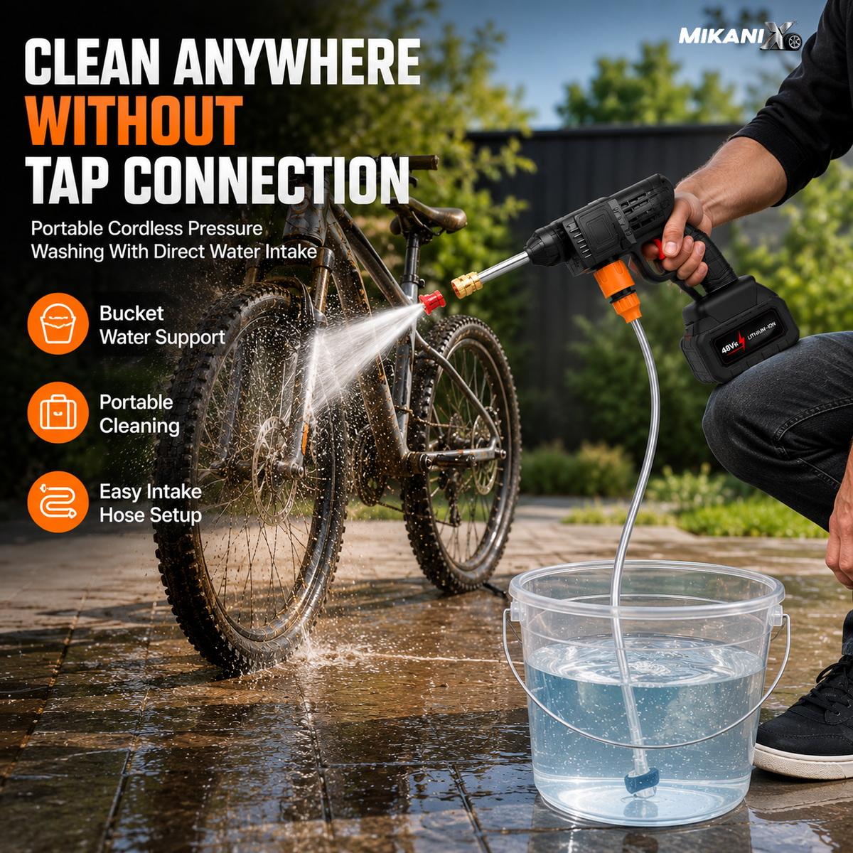 Mikanix 6 Months Warranty Cordless High Pressure Spray Washer Machine Gun for Car & Bike Washing with Adjustable 3 in 1 Nozzle, 5M Hose Pipe, Rechargeable Dual 12000 mAh Battery