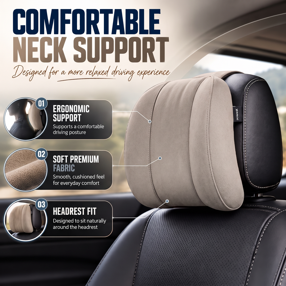 Mikanix Car Headrest Pillow | Polyfill Fiber Cotton Neck/Head Support Cushion | Ergonomic Travel Headrest | Breathable Soft Cover | Universal Fit