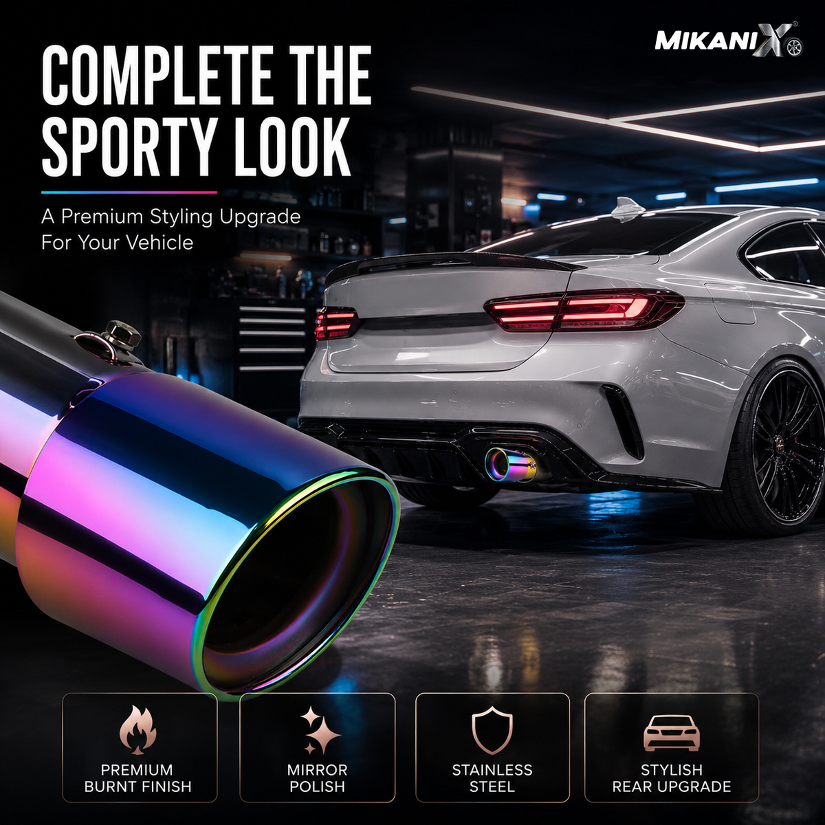 MIKANIX Universal Car Exhaust Muffler Tip | Stainless Steel Burnt Look Silencer End Pipe | Anti-Rust, Stylish Oval Exhaust Tail Pipe with Fitting Kit (BLUE)