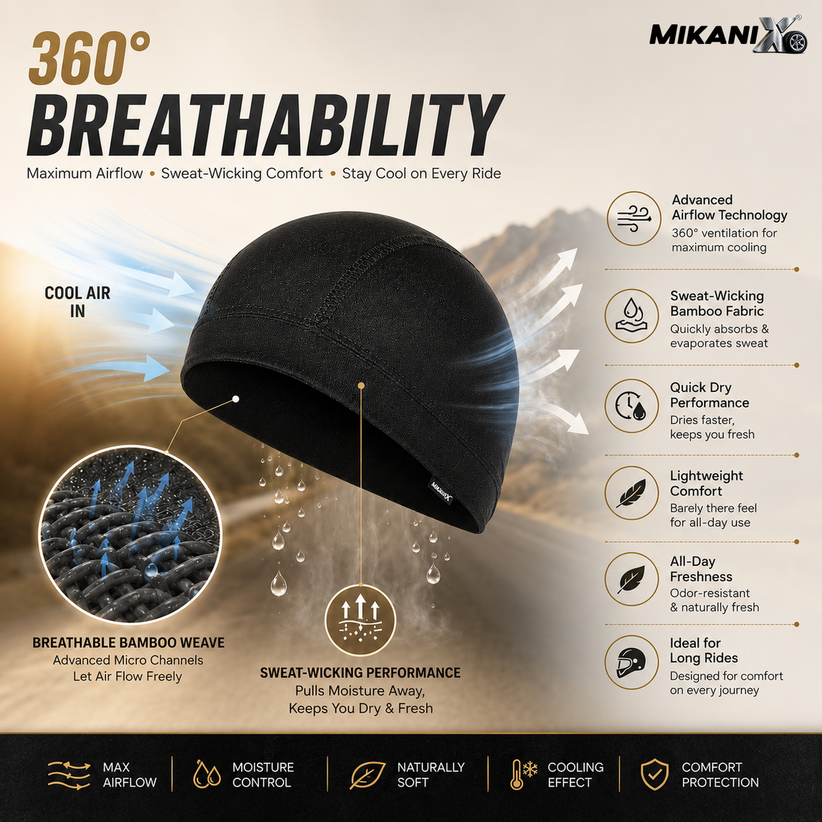 Mikanix Helmet Skull Cap | Bandana Head Cap for Bikers, Cyclists and Outdoor Workers to Prevents Helmet Friction, Dust and UV Rays | Men & Women Black