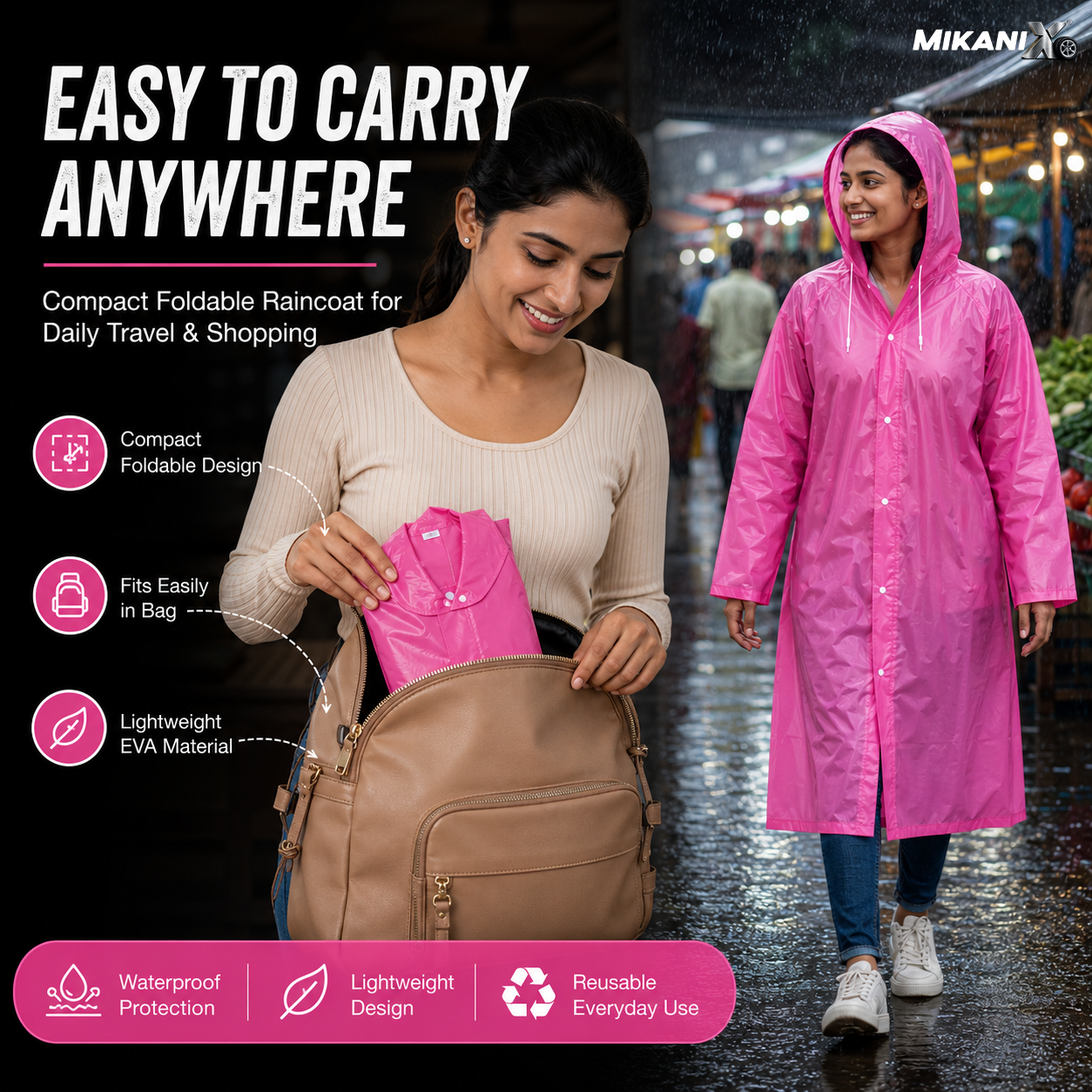 MIKANIX Waterproof Hooded Raincoat for Men & Women | Full Length Reusable PVC Rain Wear | Lightweight Windproof Rain Jacket with Front Button Closure (Pack of 1)
