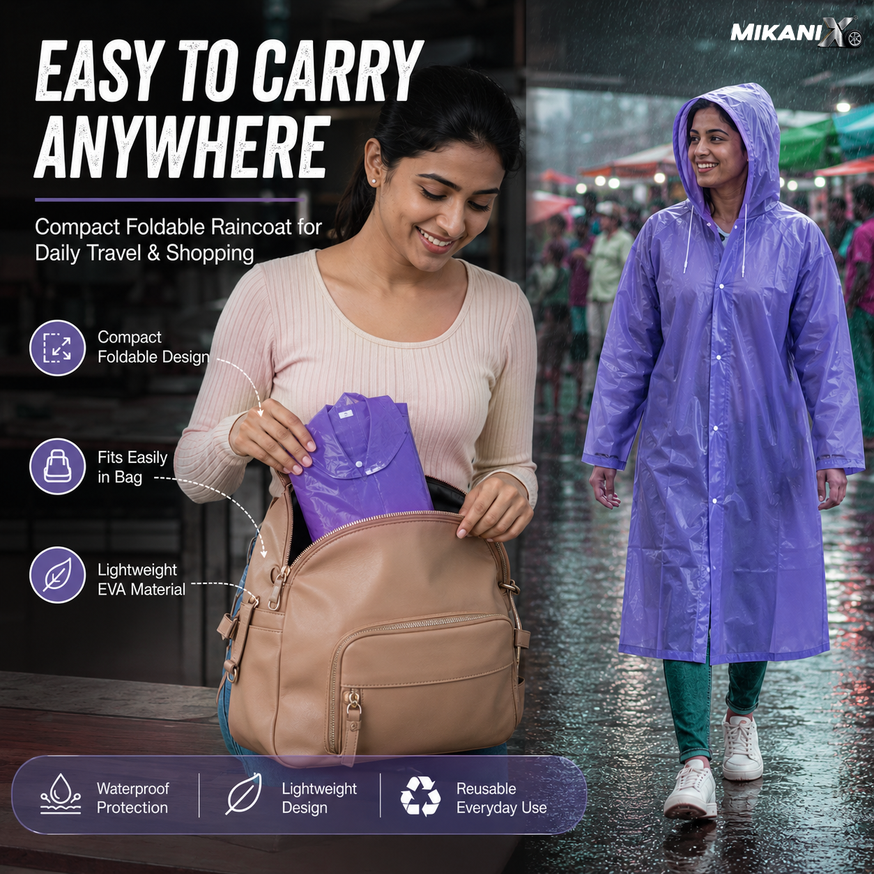 MIKANIX Waterproof Hooded Raincoat for Men & Women | Full Length Reusable PVC Rain Wear | Lightweight Windproof Rain Jacket with Front Button Closure (Pack of 1)