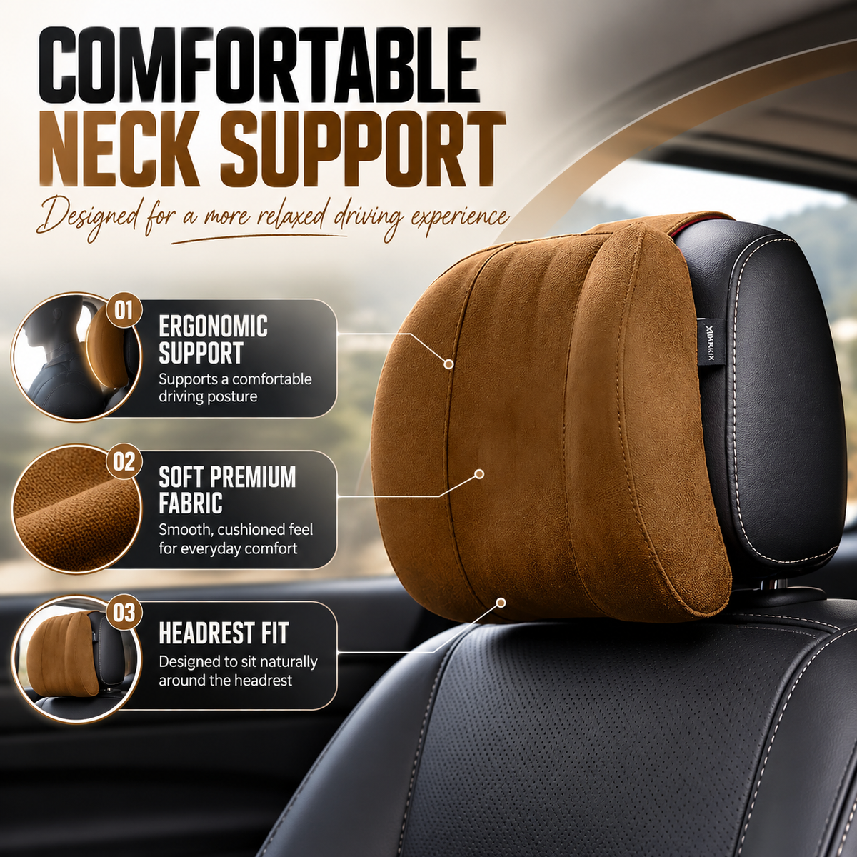 MIKANIX Car Headrest Pillow | Polyfill Fiber Cotton Neck/Head Support Cushion | Ergonomic Travel Headrest | Comfortable Car Seat Pillow | Breathable Soft Cover | Universal Fit (Brown)