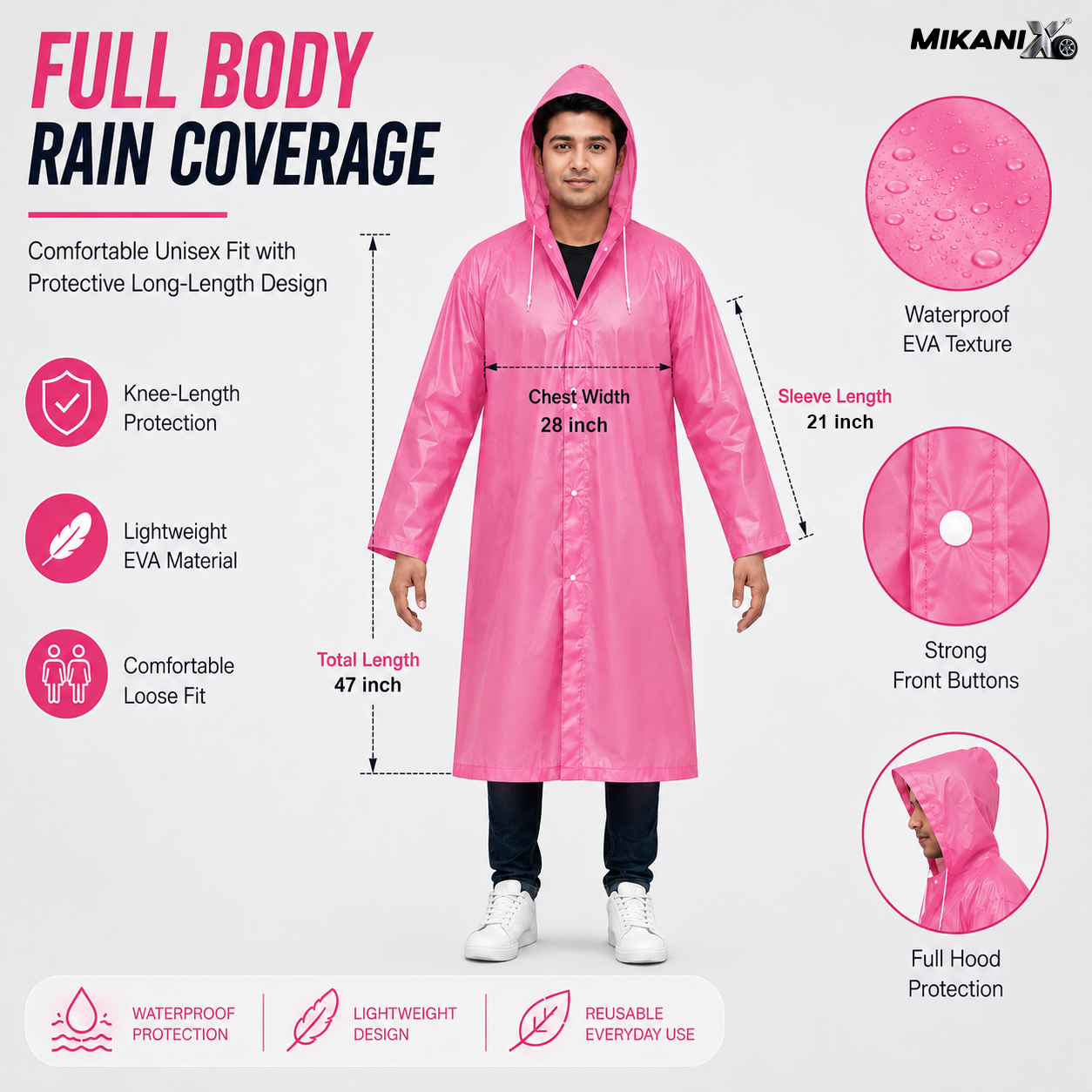 MIKANIX Waterproof Hooded Raincoat for Men & Women | Full Length Reusable PVC Rain Wear | Lightweight Windproof Rain Jacket with Front Button Closure (Pack of 1)