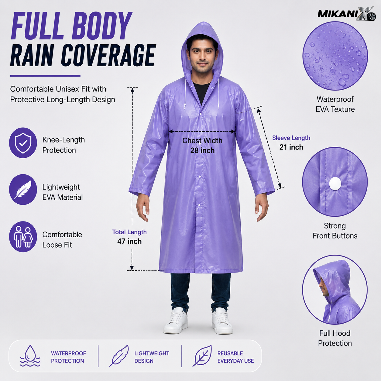 MIKANIX Waterproof Hooded Raincoat for Men & Women | Full Length Reusable PVC Rain Wear | Lightweight Windproof Rain Jacket with Front Button Closure (Pack of 1)
