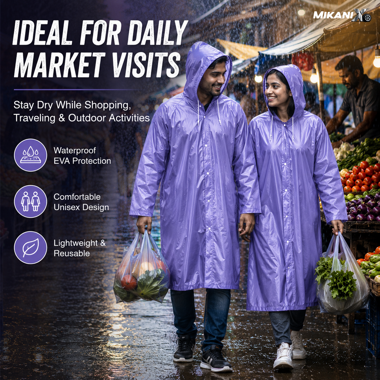 MIKANIX Waterproof Hooded Raincoat for Men & Women | Full Length Reusable PVC Rain Wear | Lightweight Windproof Rain Jacket with Front Button Closure (Pack of 1)