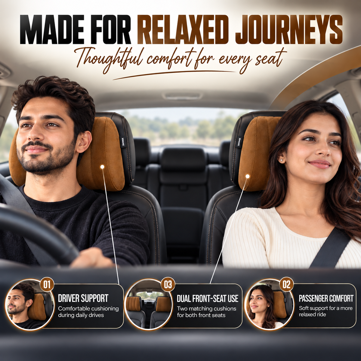 MIKANIX Car Headrest Pillow | Polyfill Fiber Cotton Neck/Head Support Cushion | Ergonomic Travel Headrest | Comfortable Car Seat Pillow | Breathable Soft Cover | Universal Fit (4 Brown)