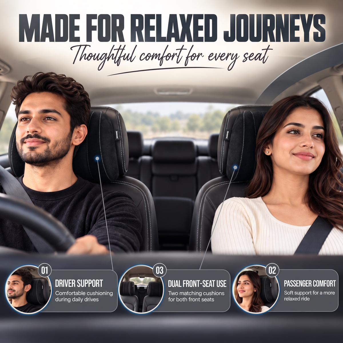 MIKANIX Car Headrest Pillow | Polyfill Fiber Cotton Neck/Head Support Cushion | Ergonomic Travel Headrest | Comfortable Car Seat Pillow | Breathable Soft Cover | Universal Fit (Black)