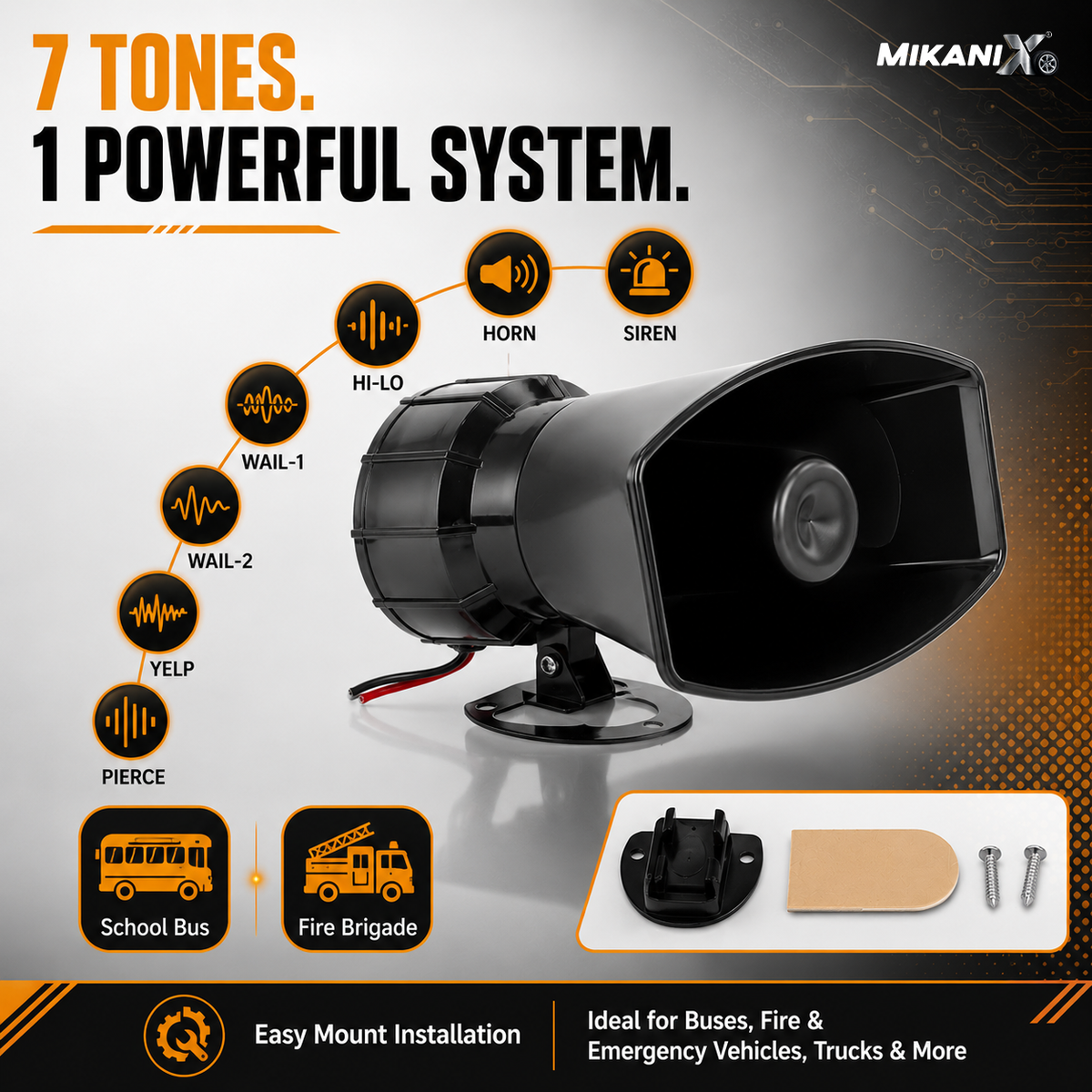 MIKANIX 7 Tone Police Car & Bike Siren Horn Hooter with Mic | PA Speaker System | Super Loud Sound | DC 12V | Remote Control Alarm Buzzer