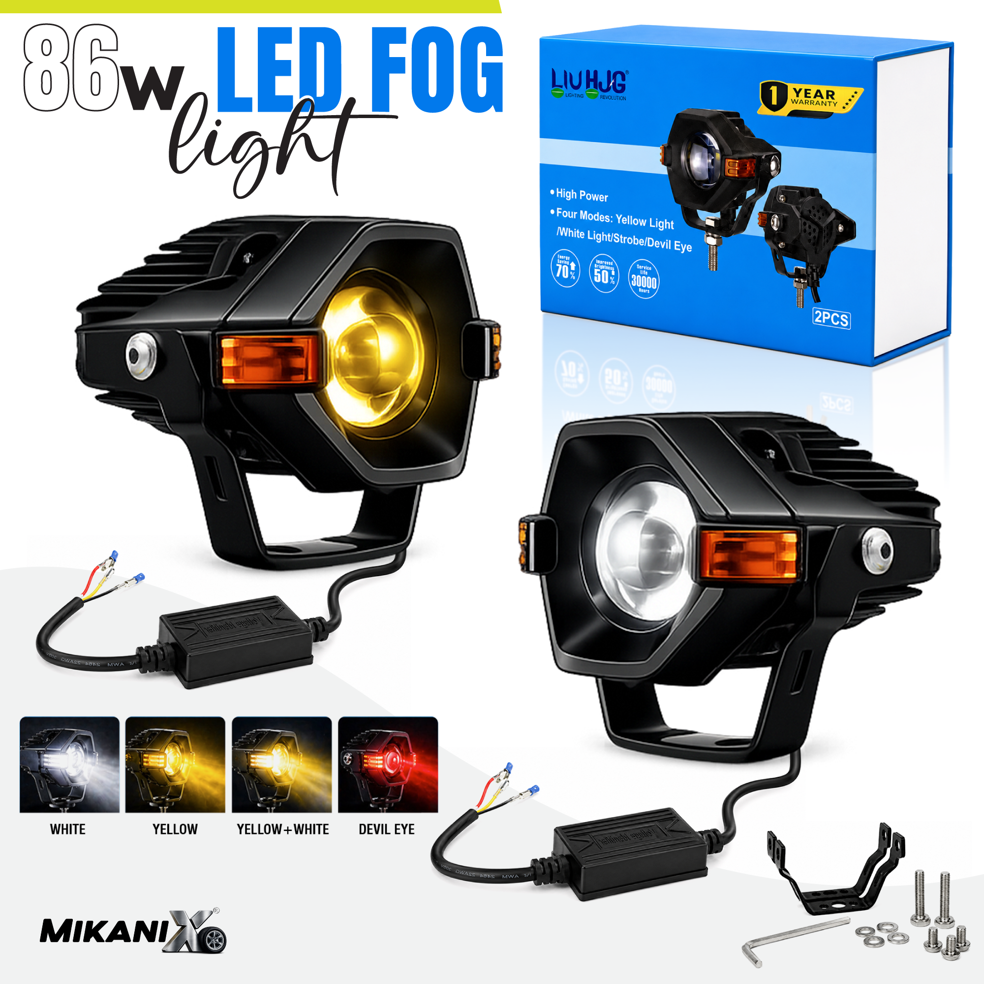 MIKANIX 1 YEAR WARRANTY Bike HJG 86W Led Fog Light Lens Projector | White, Yellow & Red Devil Eye | High & Low Dual Beam With DRL Indicator Universal For All Motorcycle, Car & Xuv's Pack Of 2