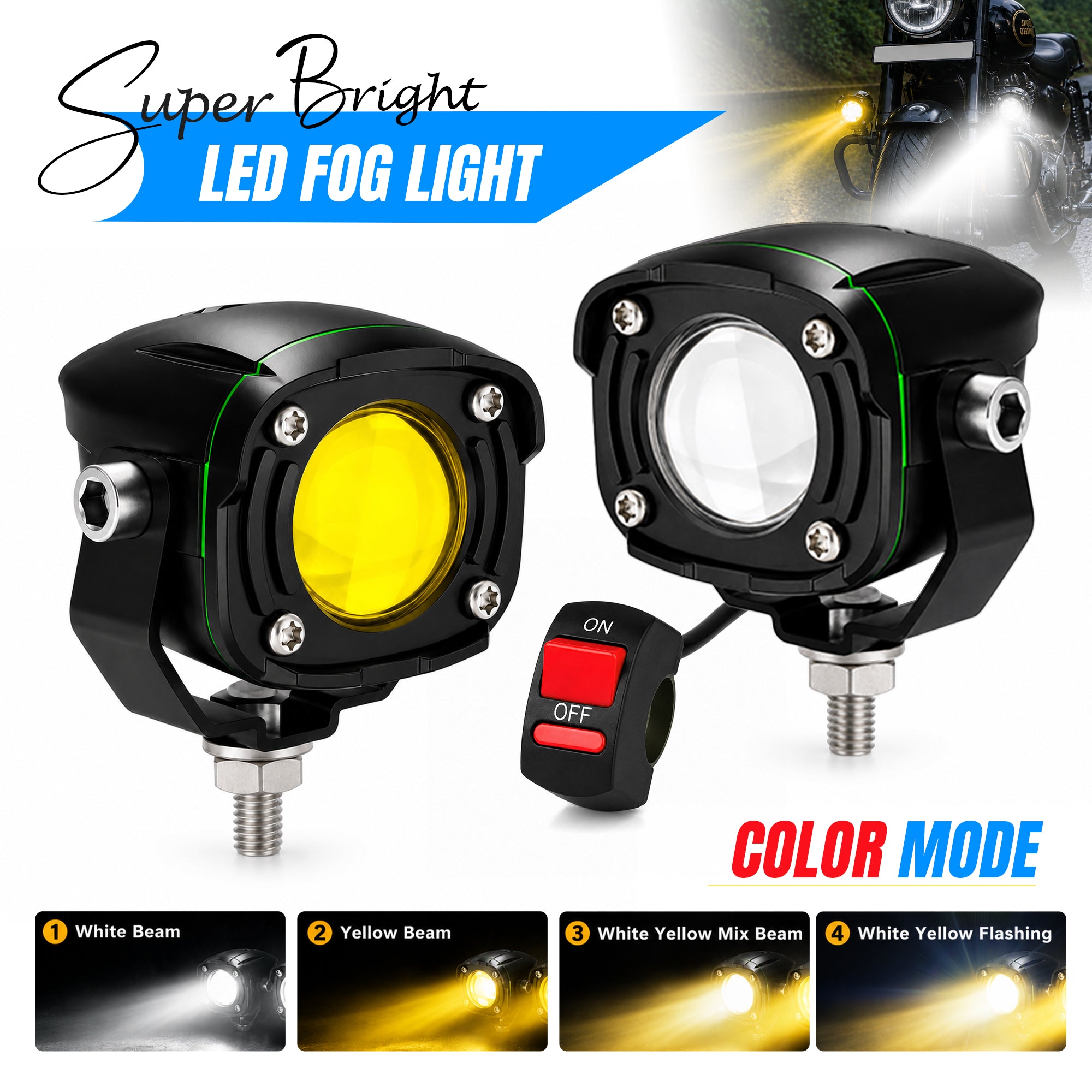 MIKANIX Super Bright LED Fog Light Lamp | Spot Light With Dual Color White/Yellow | High & Low Beam For Car, Bike, Scooty & ATVs
