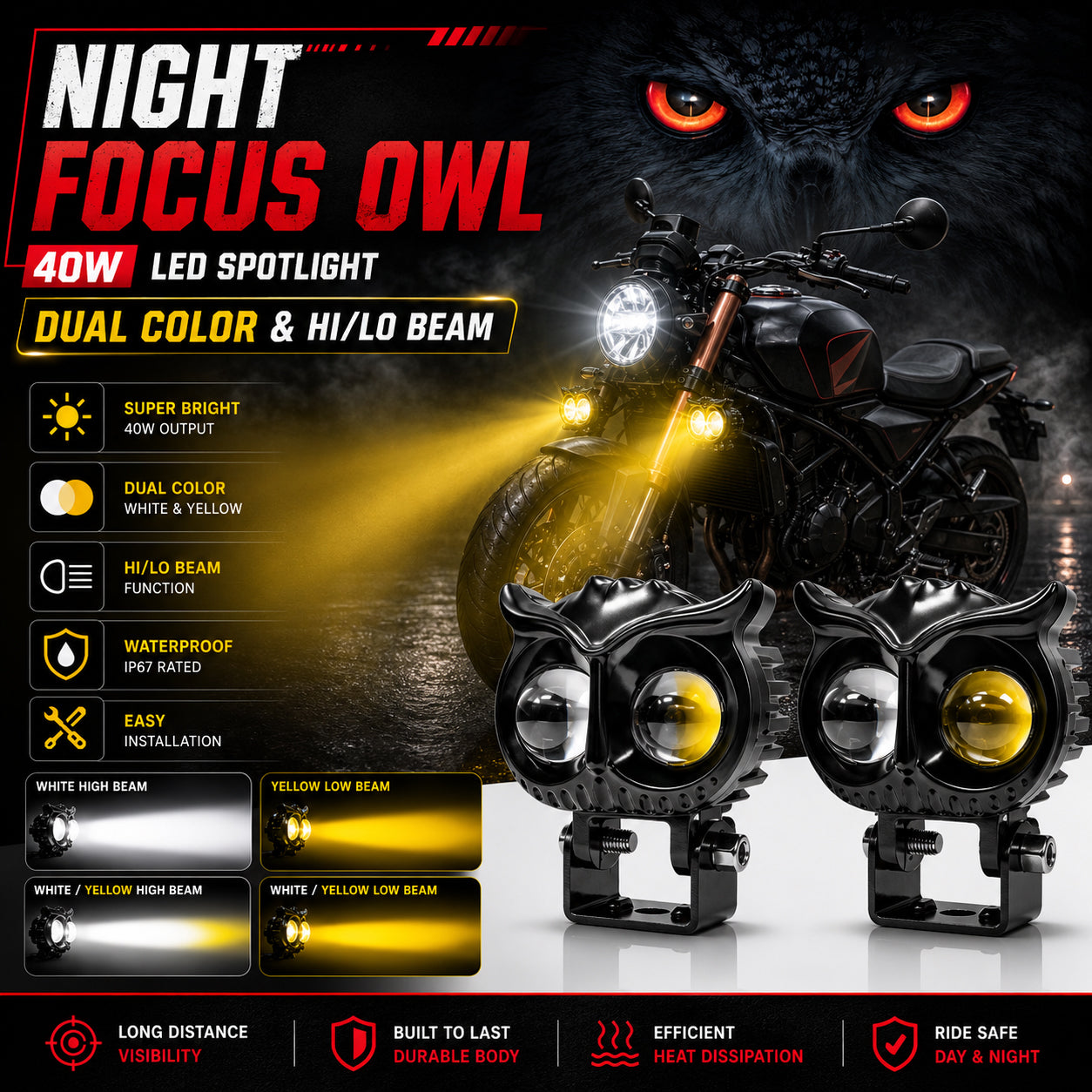 MIKANIX 1 YEAR WARRANTY 2 Led OWL Shape Fog White/Yellow light High & Low Beam | Flashing Mode With On-Off Switch | Fog Lamp, Dash Light, Motorbike, Car, LED