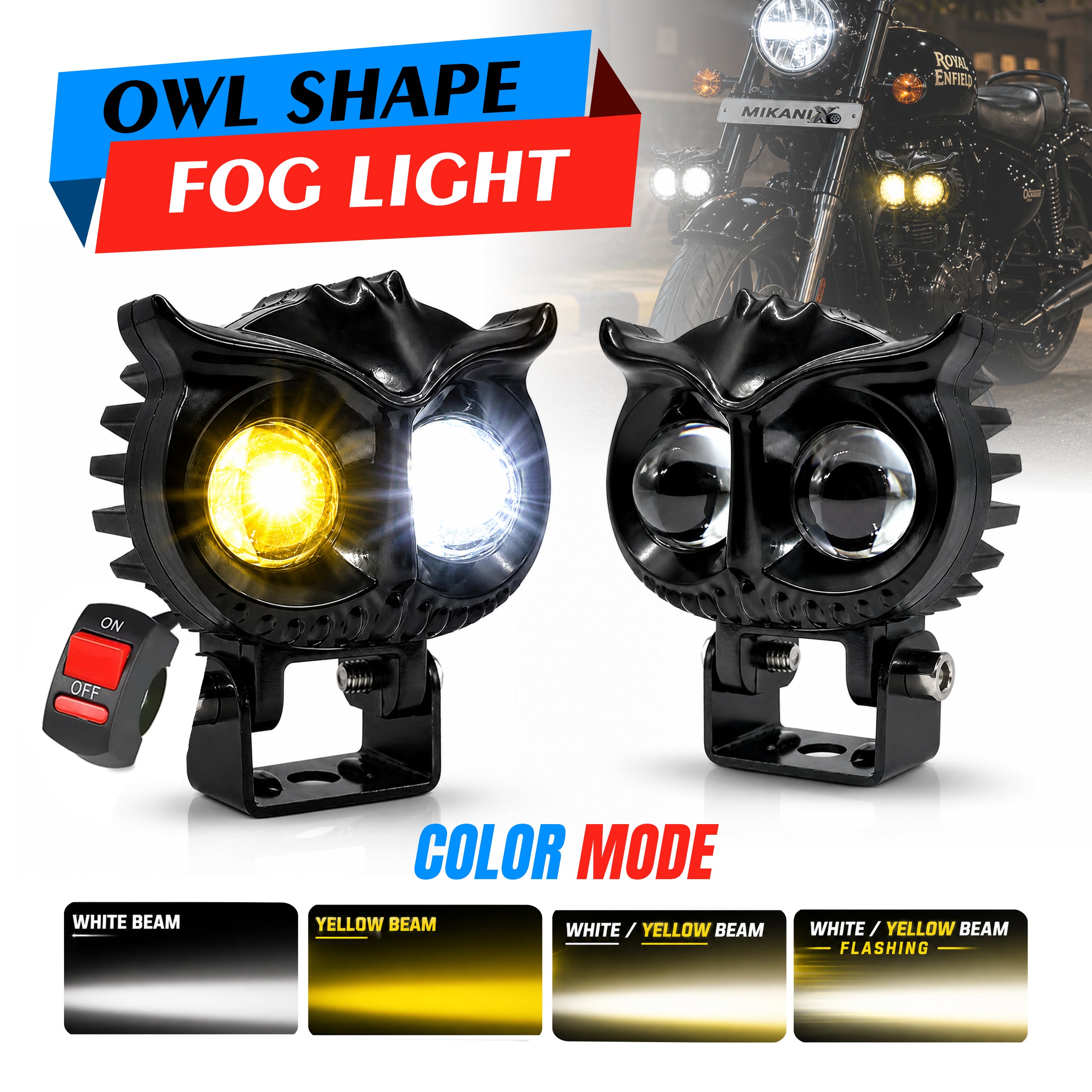 MIKANIX 1 YEAR WARRANTY 2 Led OWL Shape Fog White/Yellow light High & Low Beam | Flashing Mode With On-Off Switch | Fog Lamp, Dash Light, Motorbike, Car, LED