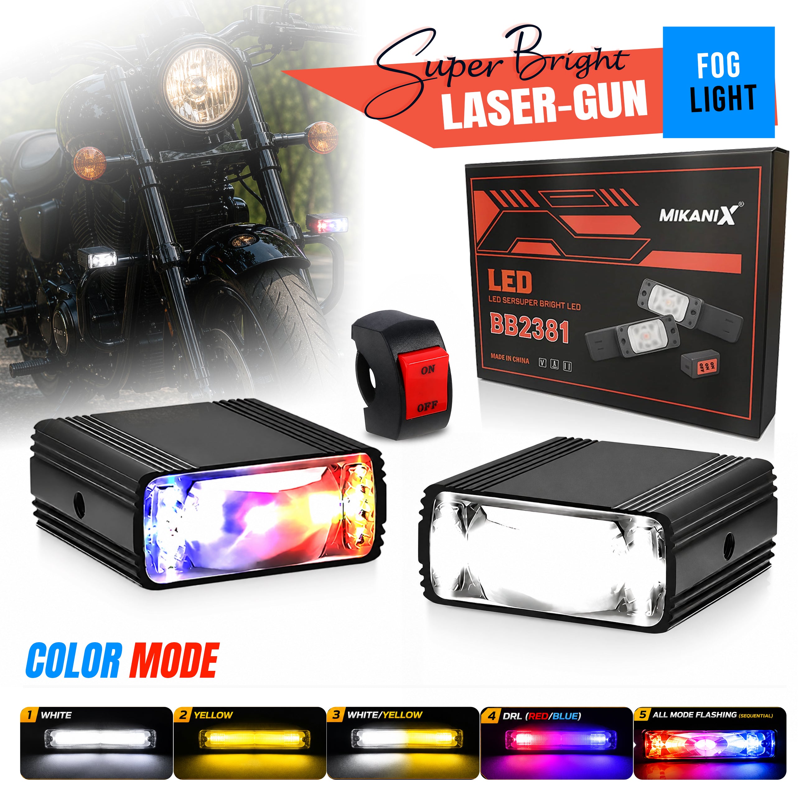 MIKANIX Super Bright LED Fog Light With On/Off Switch Button I High/Low Beam with 5 Mode Changing Light With PCR Strobe Flashing I Universal for Bike, Scooty & Car