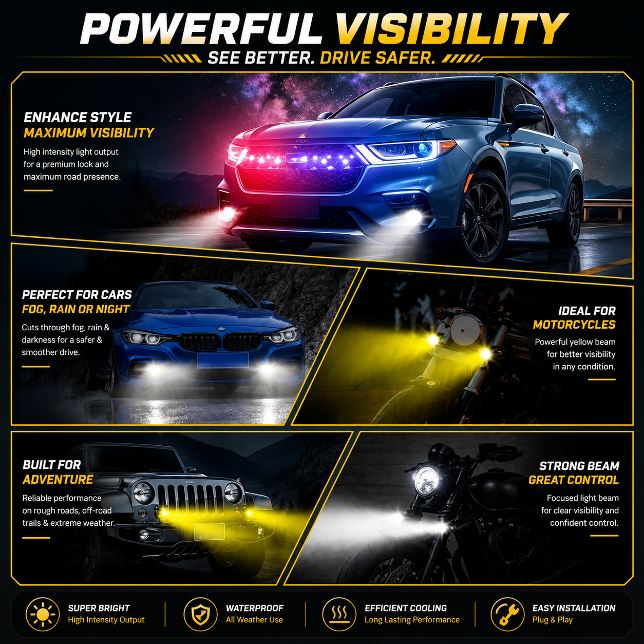 MIKANIX Super Bright LED Fog Light With On/Off Switch Button I High/Low Beam with 5 Mode Changing Light With PCR Strobe Flashing I Universal for Bike, Scooty & Car