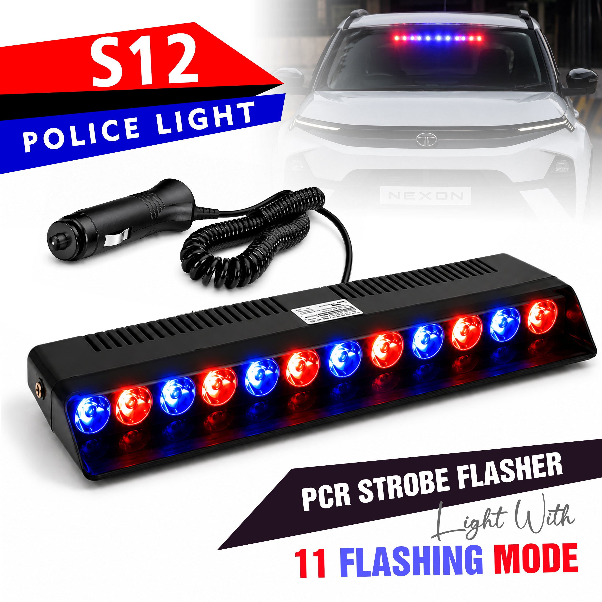 MIKANIX 12 LED Red & Blue Police PCR Strobe Flasher Light With 11 Flashing Mode | Warning & Emergency Lamp Light for All Cars