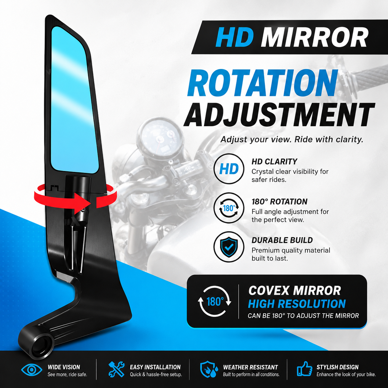MIKANIX Bike Rear View Side Handle Bar York Nut Fitting Mirror | Stealth Convex Glass Mirror For All Motorcycle