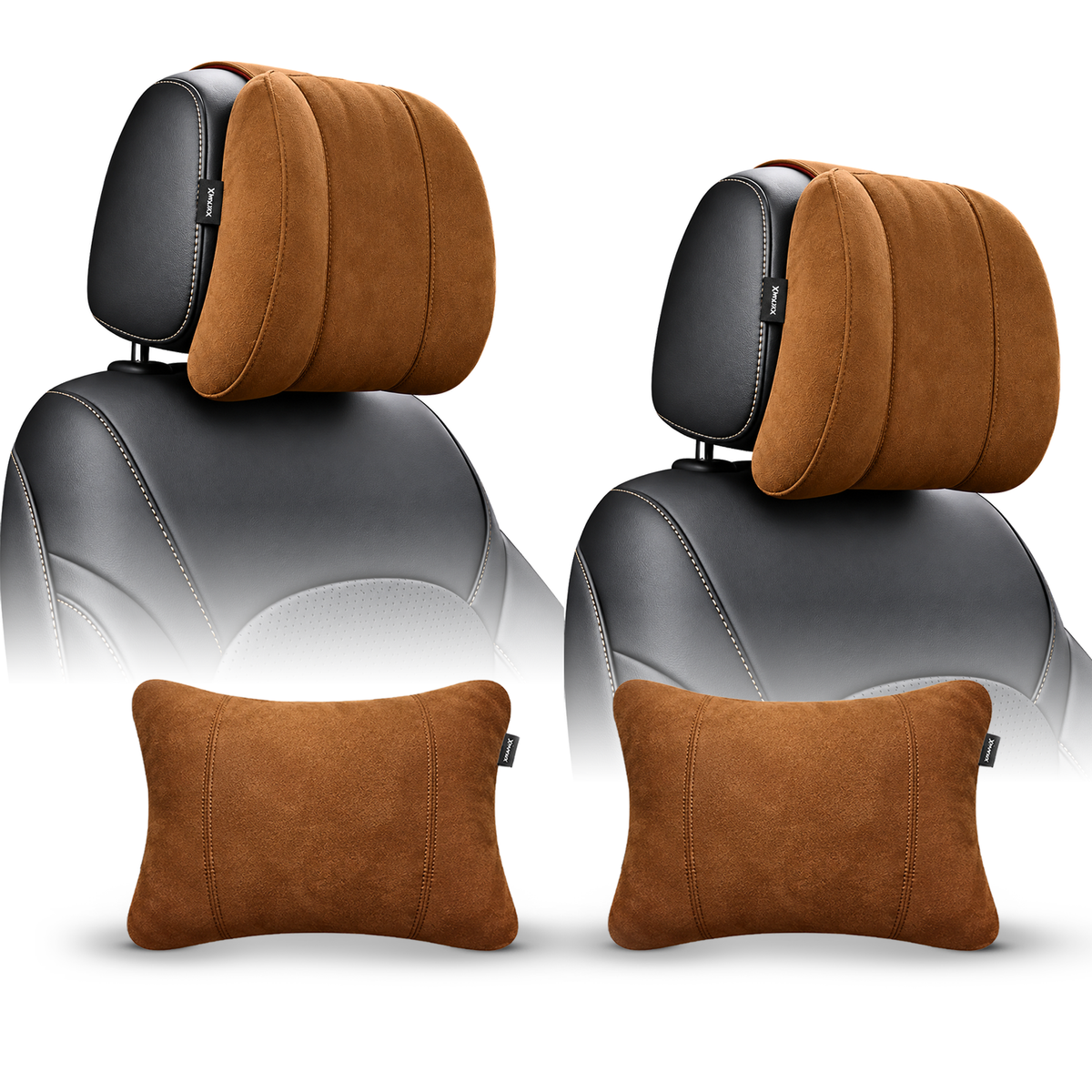 MIKANIX Car Headrest Pillow | Polyfill Fiber Cotton Neck/Head Support Cushion | Ergonomic Travel Headrest | Comfortable Car Seat Pillow | Breathable Soft Cover | Universal Fit (4 Brown)