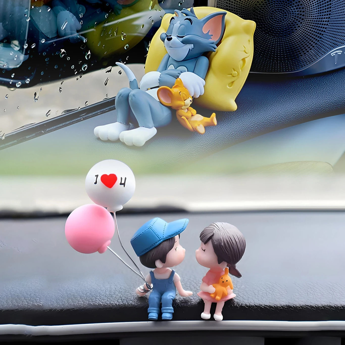 BRXR Car Dashboard Combo | Tom & Jerry and Cute Doll with Cute Couple Figurines Holding Balloons | Dashboard Doll, Car Showpiece | Home Office Table Decorative Car Dashboard Cover (Universal For Car Universal For Car)