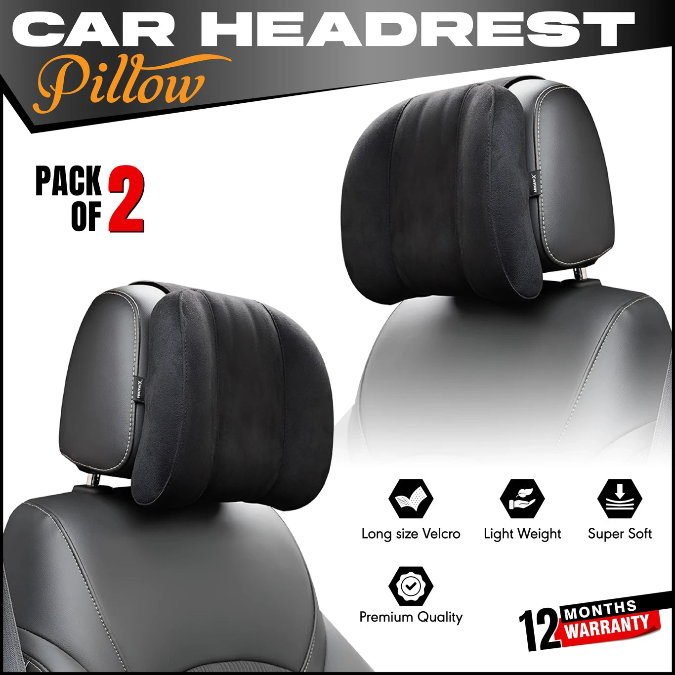 BRXR Black Cotton Car Pillow Cushion for Universal For Car (Oval, Pack of 2)