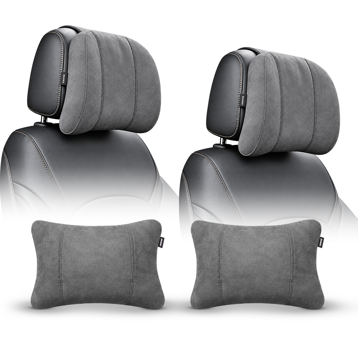 MIKANIX Car Headrest Pillow | Polyfill Fiber Cotton Neck/Head Support Cushion | Ergonomic Travel Headrest | Comfortable Car Seat Pillow | Breathable Soft Cover | Universal Fit (4 Grey)