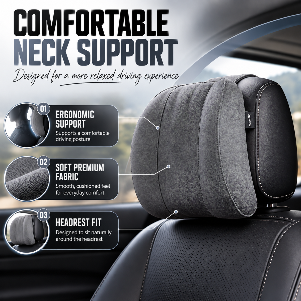 MIKANIX Car Headrest Pillow | Polyfill Fiber Cotton Neck/Head Support Cushion | Ergonomic Travel Headrest | Comfortable Car Seat Pillow | Breathable Soft Cover | Universal Fit (Grey)