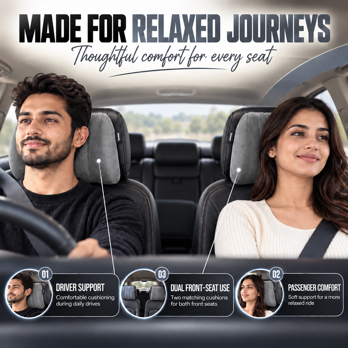 MIKANIX Car Headrest Pillow | Polyfill Fiber Cotton Neck/Head Support Cushion | Ergonomic Travel Headrest | Comfortable Car Seat Pillow | Breathable Soft Cover | Universal Fit (4 Grey)