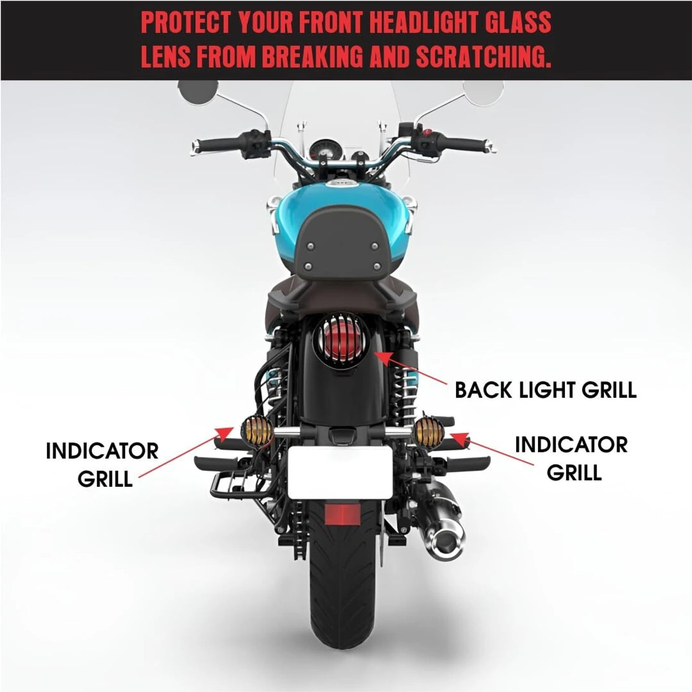 BRXR Meteor 350 CNC Metal Headlight Grill Set with Tail Lamp & Indicators Bike Headlight Grill (Black)