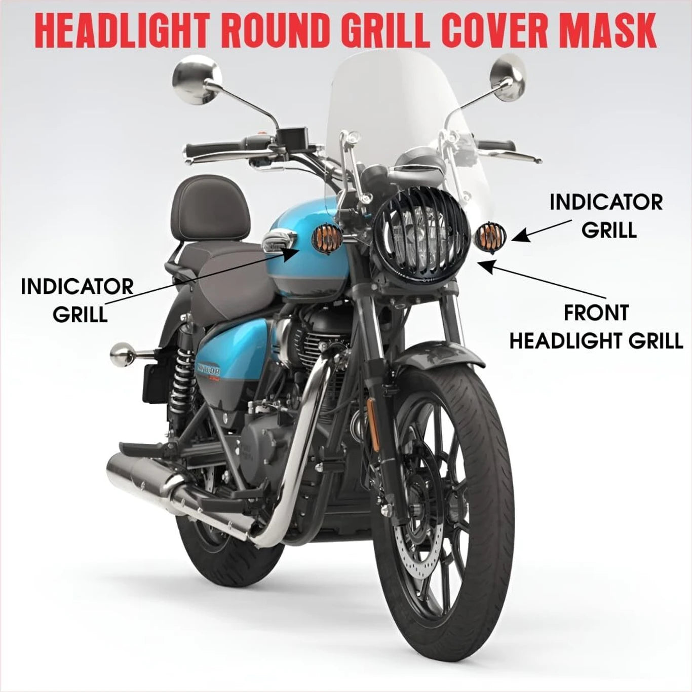BRXR Meteor 350 CNC Metal Headlight Grill Set with Tail Lamp & Indicators Bike Headlight Grill (Black)