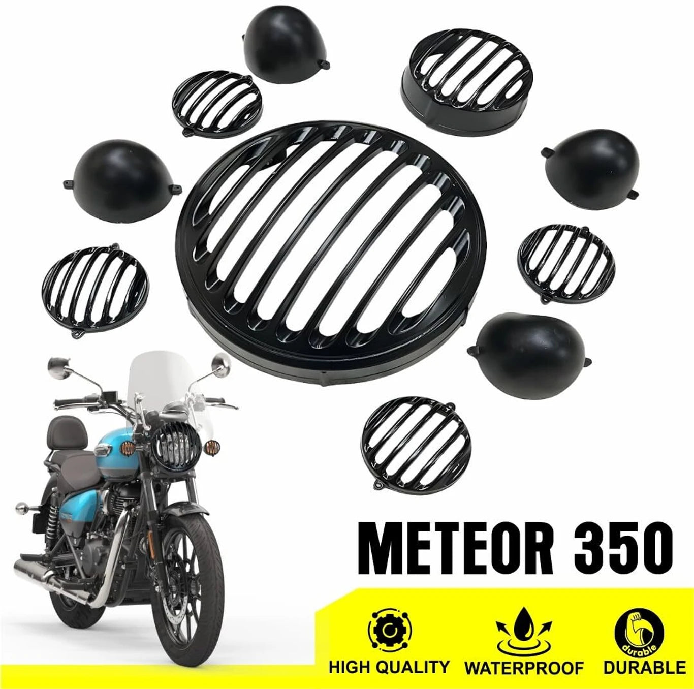 BRXR Meteor 350 CNC Metal Headlight Grill Set with Tail Lamp & Indicators Bike Headlight Grill (Black)