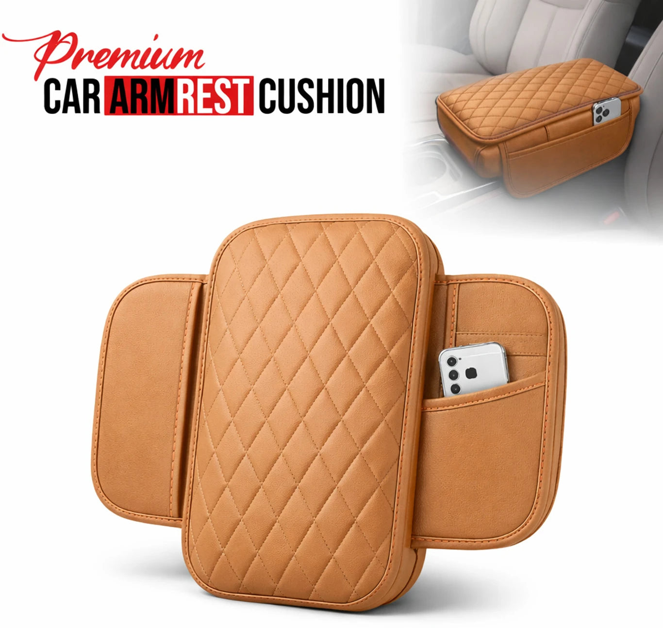 BRXR Car Arm-Rest Cover Pad Arm Support PU Leather Dual Side Convenient Pocket's Car Armrest Cover