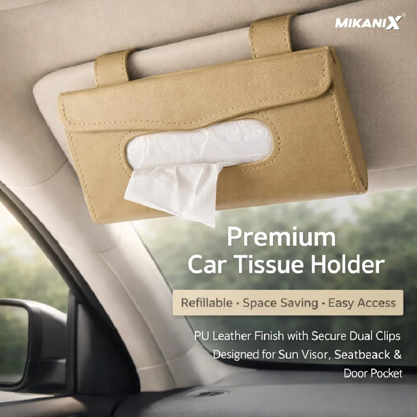 BRXR PU Leather Car Tissue Holder for Sun Visor, Seat Back & Dashboard, Beige Holder Vehicle Tissue Dispenser (Beige)