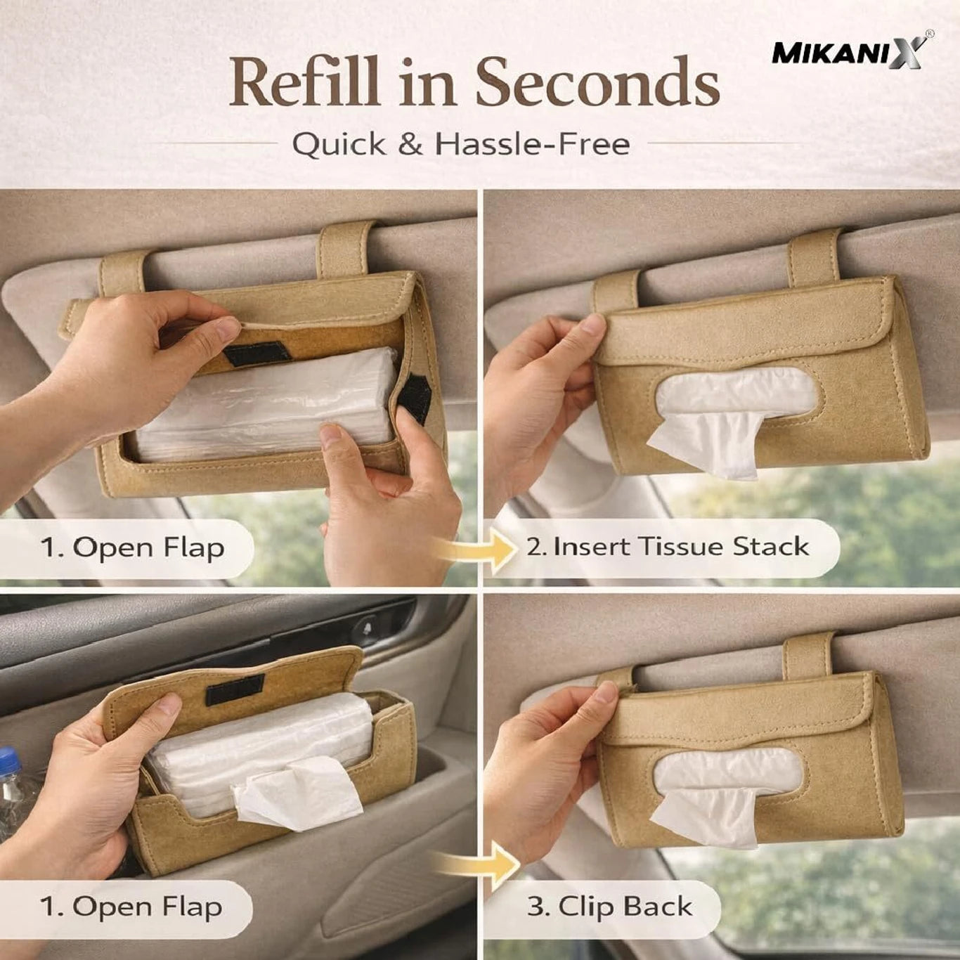 BRXR PU Leather Car Tissue Holder for Sun Visor, Seat Back & Dashboard, Beige Holder Vehicle Tissue Dispenser (Beige)