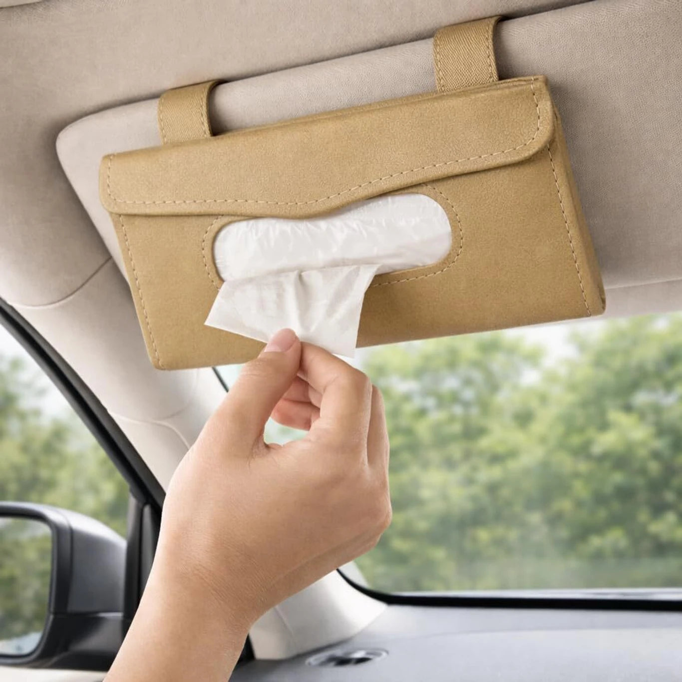 BRXR PU Leather Car Tissue Holder for Sun Visor, Seat Back & Dashboard, Beige Holder Vehicle Tissue Dispenser (Beige)