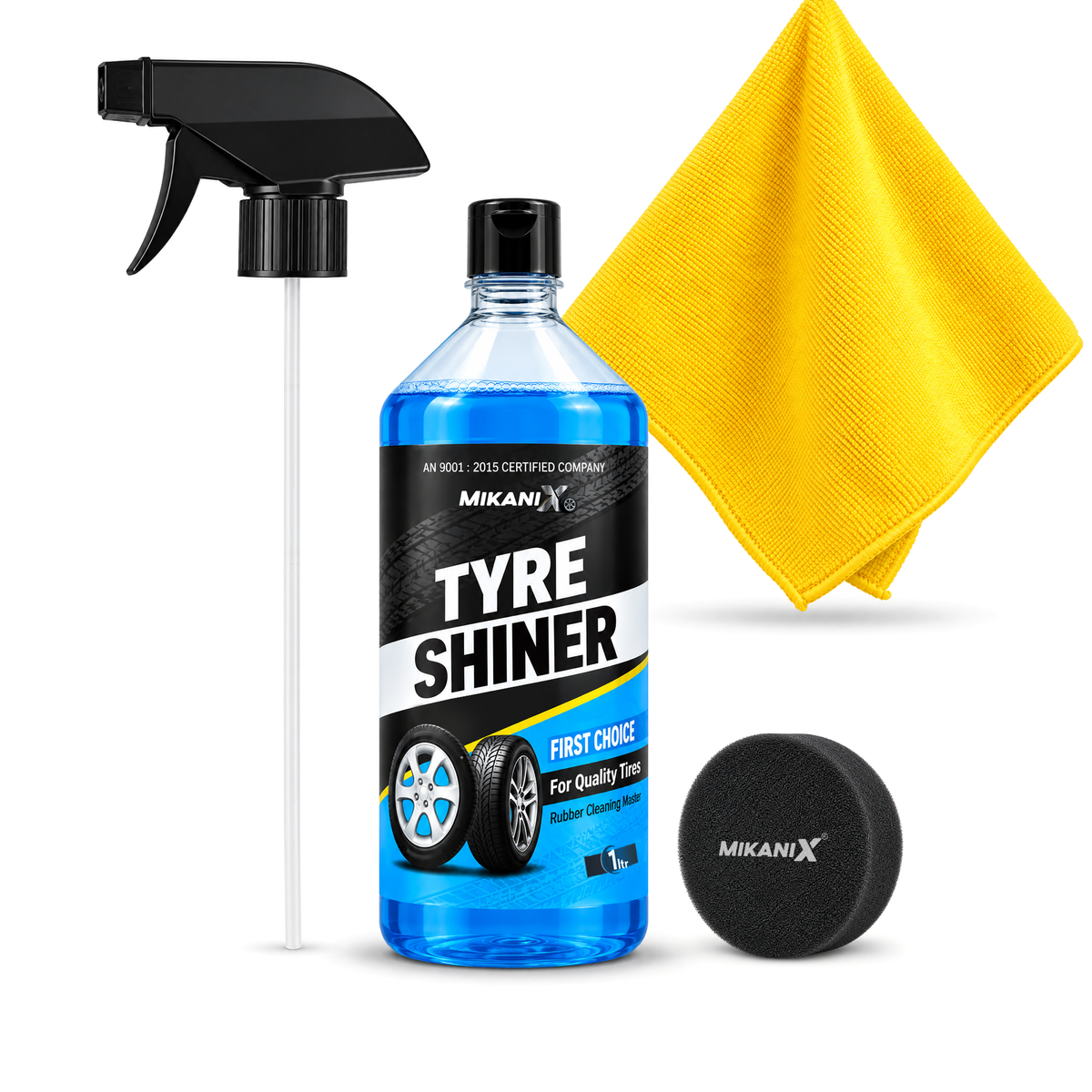 Mikanix Tyre Shiner Spray 1L with Sponge & Microfiber Cloth | High Gloss Tire Polish & Rubber Protectant for Cars, Bikes & SUVs | Long-Lasting Shine & Protection from Fading & Cracks
